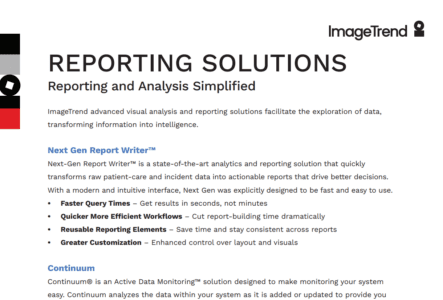Screenshot of a webpage titled "Reporting Solutions" by ImageTrend, describing features of Next Gen Report Writer and Continuum for data analysis and reporting in healthcare.