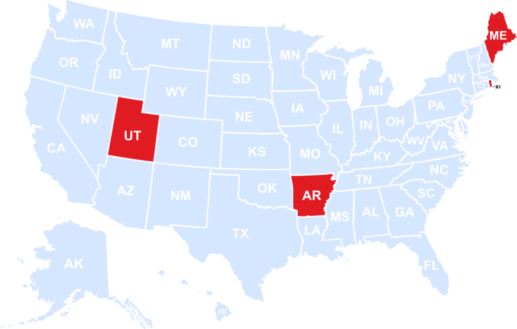 Map of the United States with Arkansas, Utah, and Maine highlighted in red for a transportation incident visualization (TIV), while the other states appear in light blue.