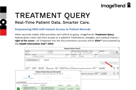 Screenshot of a webpage describing ImageTrend's Treatment Query feature, showing a patient record interface and highlighting real-time access to medical information for EMS providers.