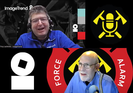 Two men speak in a virtual meeting with logos and banners behind them, including "ImageTrend," a microphone with crossed axes, and "Force Alarm.