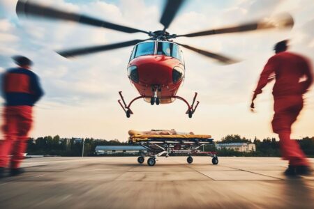 A red rescue helicopter prepares to land near a stretcher on a helipad, with two emergency responders standing nearby.
