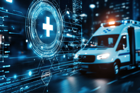 A blurred ambulance drives through a city at night, with a digital medical cross interface overlay symbolizing emergency healthcare and technology.