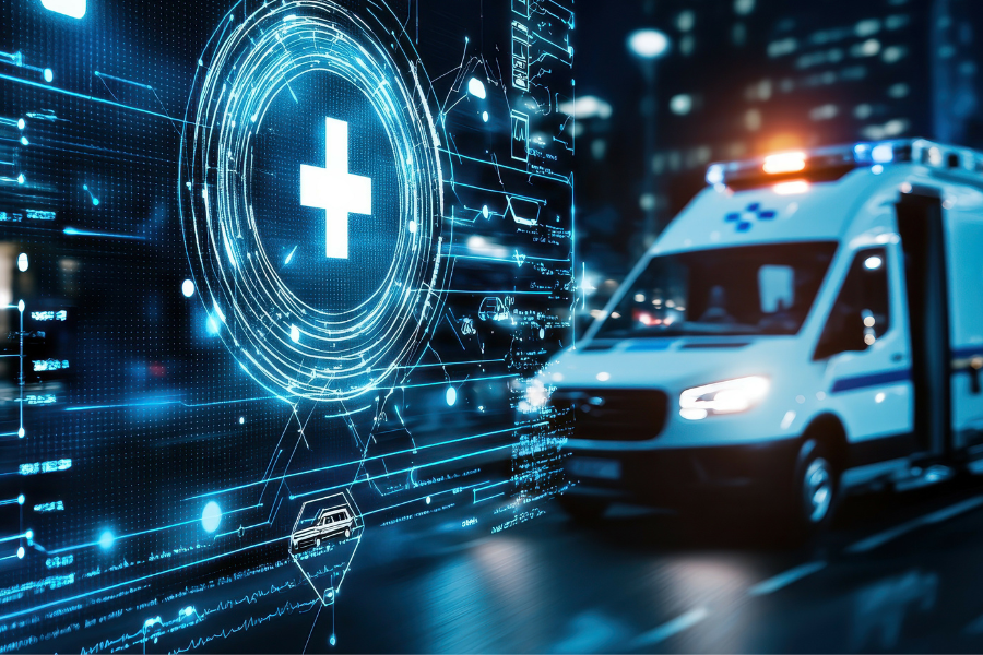 A blurred ambulance drives through a city at night, with a digital medical cross interface overlay symbolizing emergency healthcare and technology.