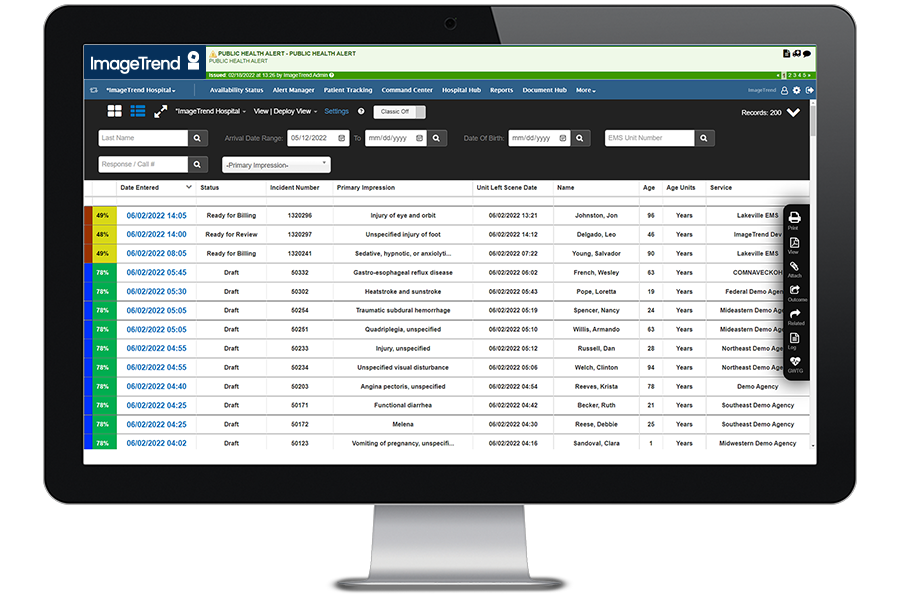 A computer monitor displays an ImageTrend dashboard serving as a health information hub, featuring a table of incident numbers, statuses, impressions, dates, and patient details.