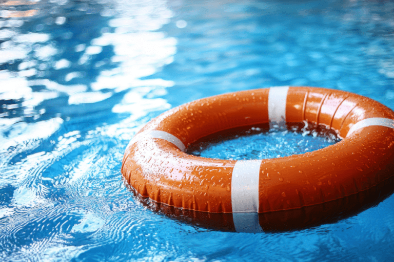 An orange and white lifebuoy floating on the surface of a clear blue swimming pool.