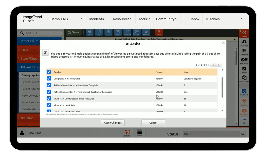 ImageTrend Elite Web AI-Assist screen
