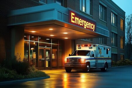 An ambulance is parked outside the entrance of a hospital emergency department at dusk, with the illuminated "Emergency" sign above the door.