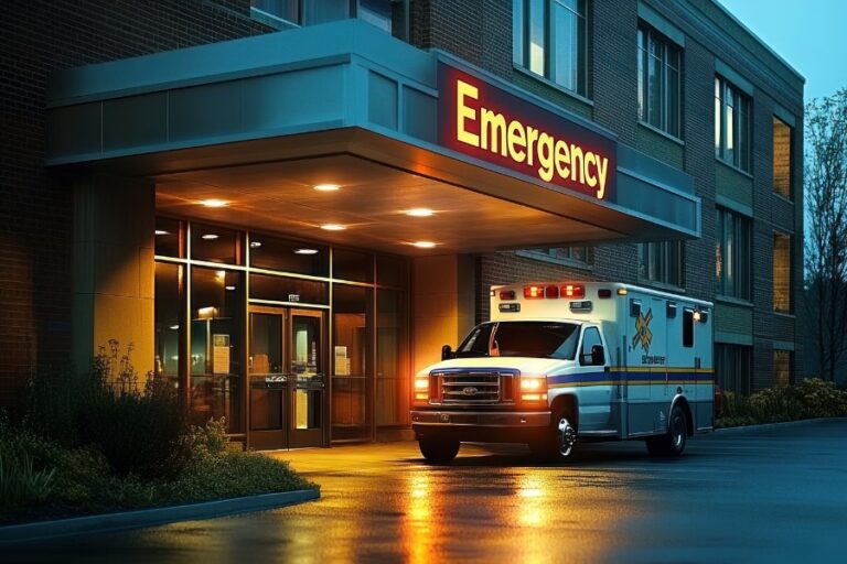 An ambulance is parked outside the entrance of a hospital emergency department at dusk, with the illuminated "Emergency" sign above the door.