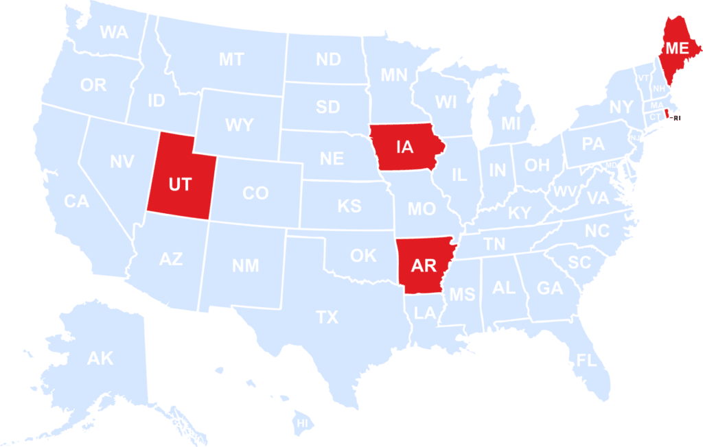 Map of the United States with Iowa, Arkansas, Utah, and Maine highlighted in red to illustrate transportation incident visualization (TIV); all other states are shown in light blue.