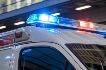 Close-up of a police car with activated red and blue emergency lights, parked near a modern glass building.