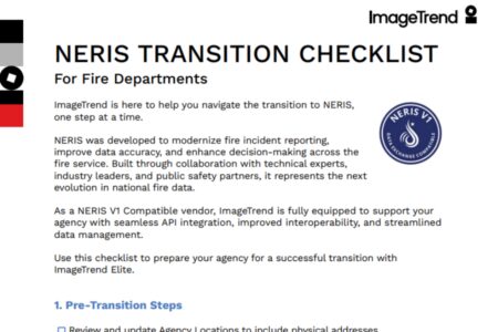 Screenshot of a document titled "NERIS TRANSITION CHECKLIST" for fire departments, providing guidance for transitioning to the NERIS system, with ImageTrend logo and descriptive text.