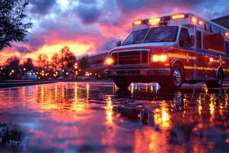 An ambulance with flashing lights is parked on a wet street at sunset, with reflected lights visible on the ground.