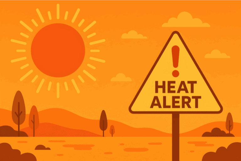Illustration of a large sun over a landscape with an orange sky and a triangular sign that reads "Heat Alert.