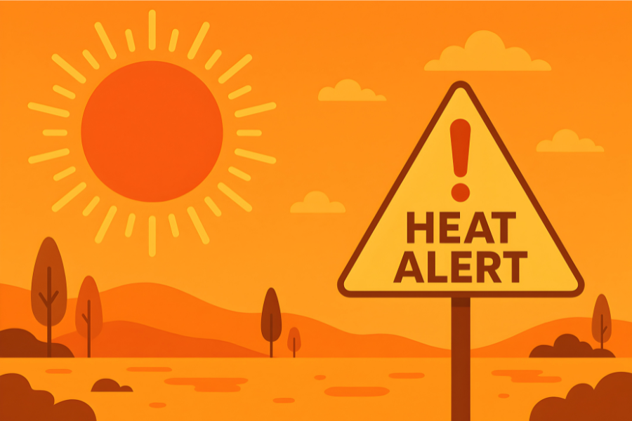 Illustration of a large sun over a landscape with an orange sky and a triangular sign that reads "Heat Alert.