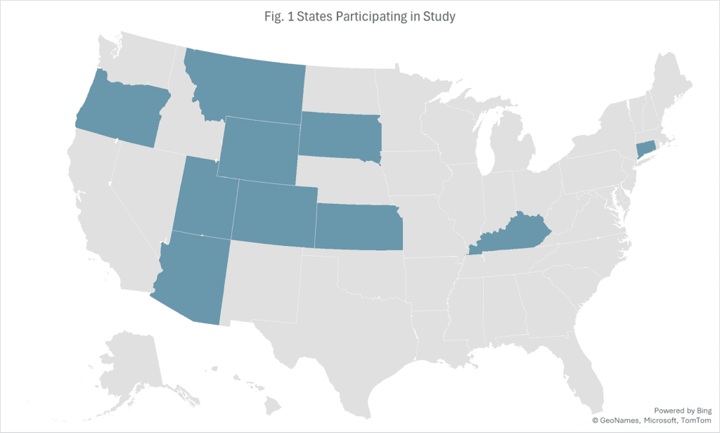 Map showing U.S. states participating in a study, with eight states in the West and Kentucky highlighted in blue. Remaining states are shown in gray.