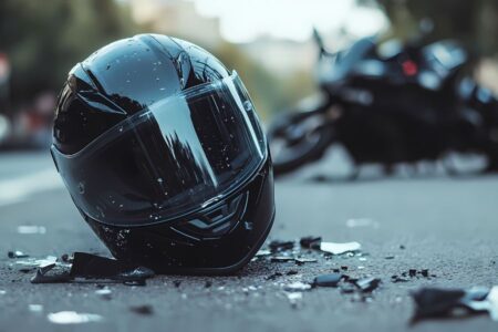 A black motorcycle helmet lies on the road among broken glass, with a blurred motorcycle in the background.