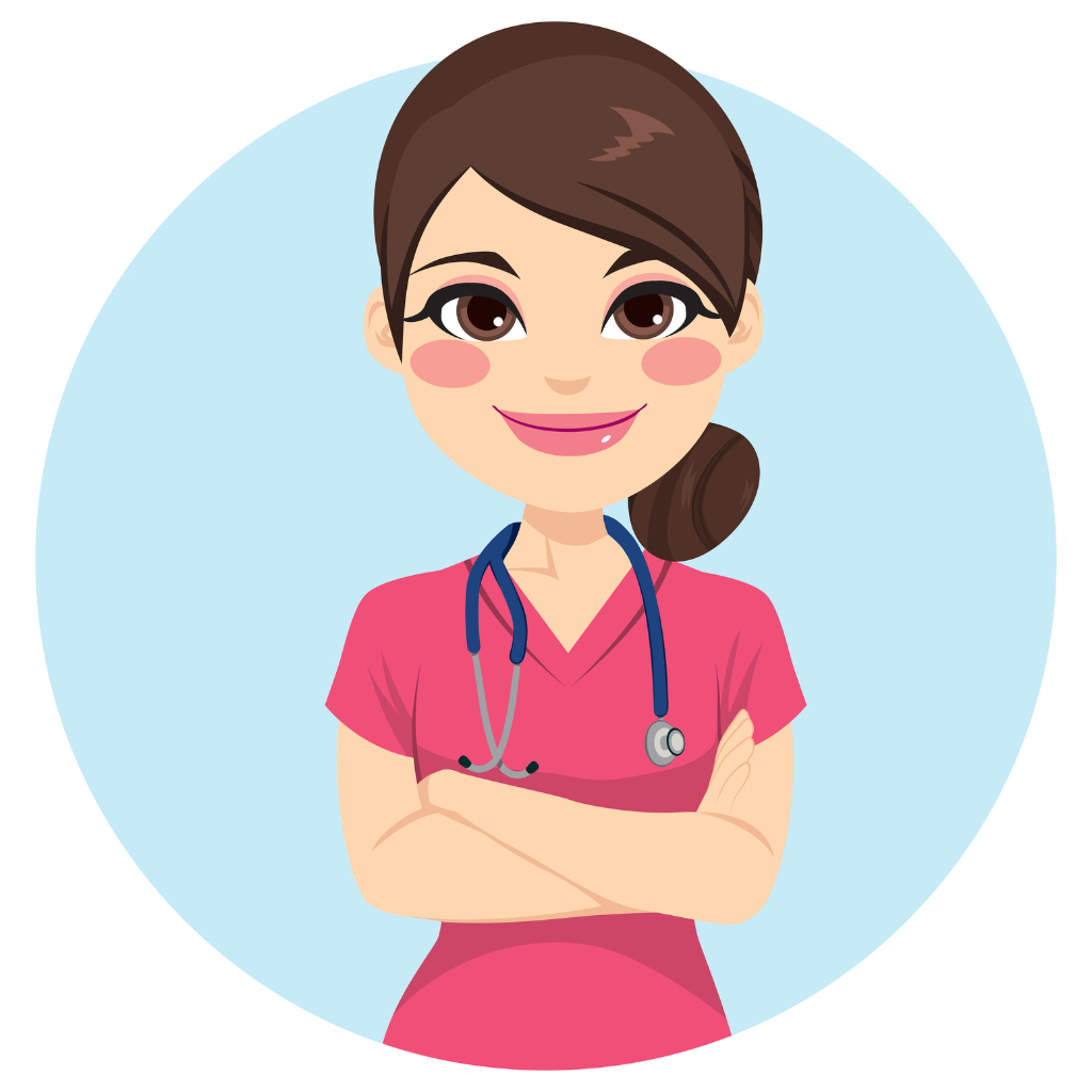 Cartoon illustration of a female nurse with brown hair in a ponytail, wearing pink scrubs and a stethoscope, standing with arms crossed, on a blue circular background.