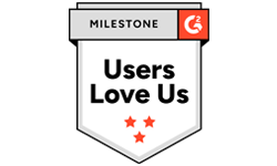 A G2 Milestone badge with three red stars and the text "Users Love Us" in black, inside a white shield outlined in gray and black.