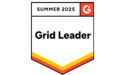 A badge labeled "Grid Leader" with "Summer 2025" and the G2 logo at the top, featuring yellow and red lines at the bottom.