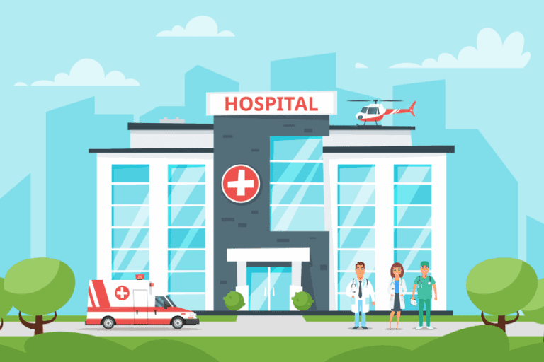 Illustration of a modern hospital building with an ambulance, a helicopter on the roof, and three healthcare professionals standing outside.