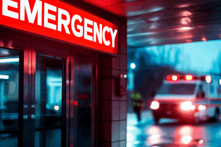 A hospital emergency room entrance with a bright red "EMERGENCY" sign; an ambulance with flashing lights is parked outside in the background.
