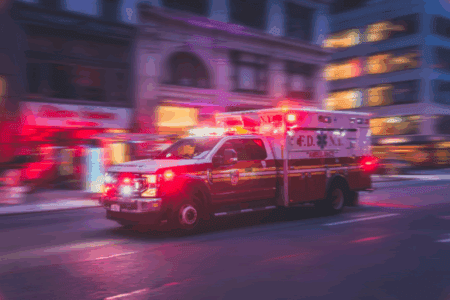 An ambulance with flashing lights drives quickly down a city street at night, with buildings blurred in the background.