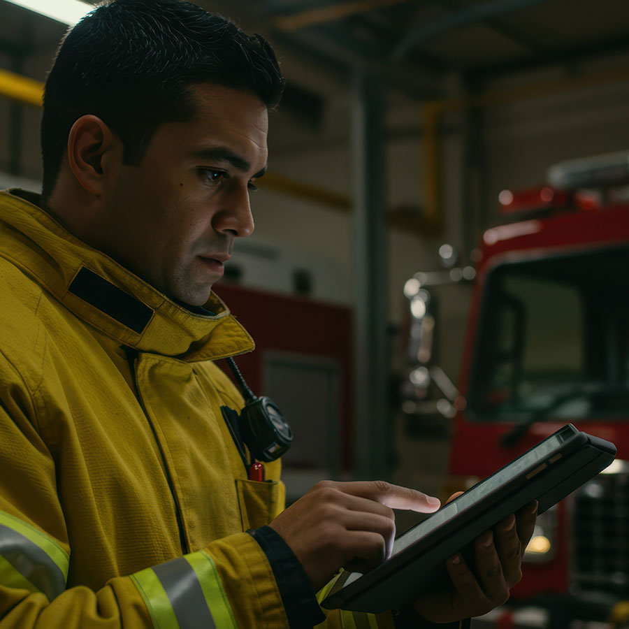 A firefighter in a yellow uniform uses a tablet device in a fire station, with a fire truck visible in the background.