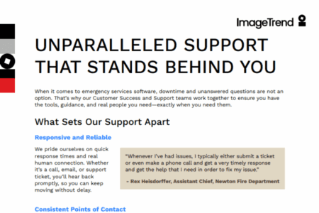 A webpage from ImageTrend highlighting their responsive and reliable customer support, featuring a testimonial and a description of their support services.