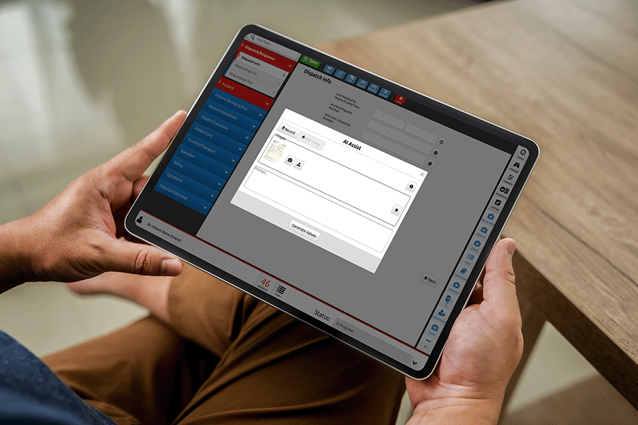 Person holding a tablet displaying a form interface with buttons, menus, and a pop-up window for adding media or attachments.
