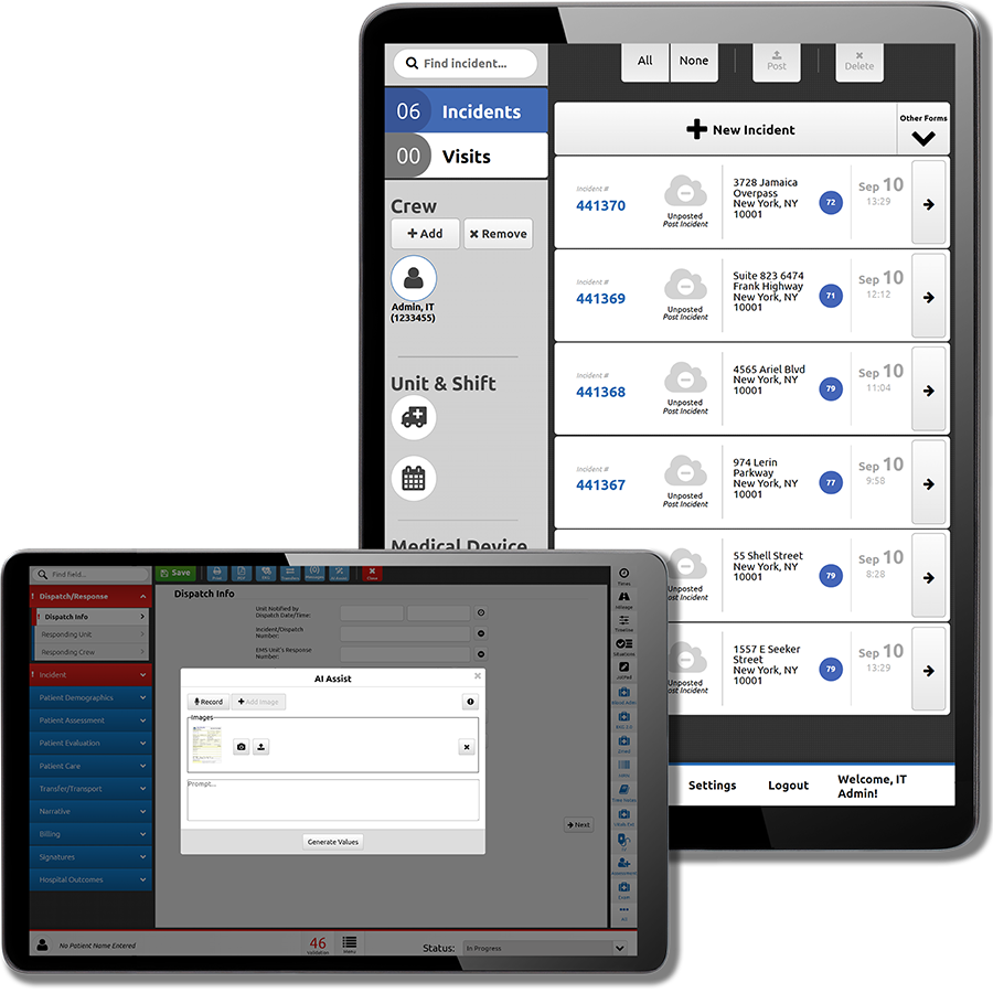 Two tablets display different screens of a software application; one shows a list of incidents, the other displays a dispatch info entry form.