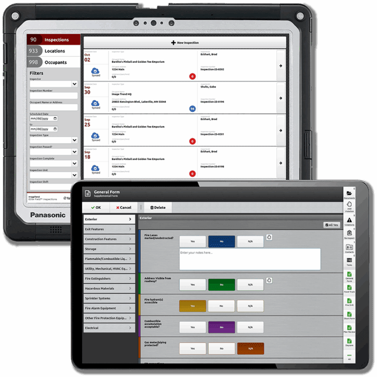 Two tablet screens display inspection management software; the first shows a list of inspections, and the second shows a detailed form with various input fields and options.