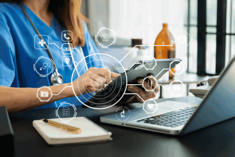 A healthcare professional uses a tablet and laptop, with digital health and medical icons overlaid, indicating technology use in healthcare settings.