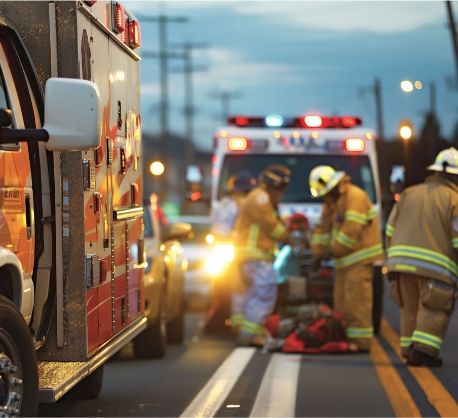 Firefighters and paramedics attend to an emergency on a road near an ambulance with flashing lights, as evening approaches.