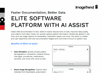 Screenshot of a webpage for ImageTrend’s AI Assist software, highlighting features like voice dictation and smart image recognition for improved EMS data documentation.