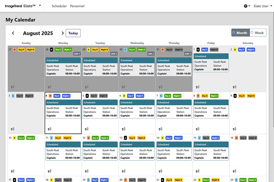 A digital calendar for August 2025 displays daily shifts and roles, with color-coded events labeled "Scheduled," "Night," and "South Peak Captain.