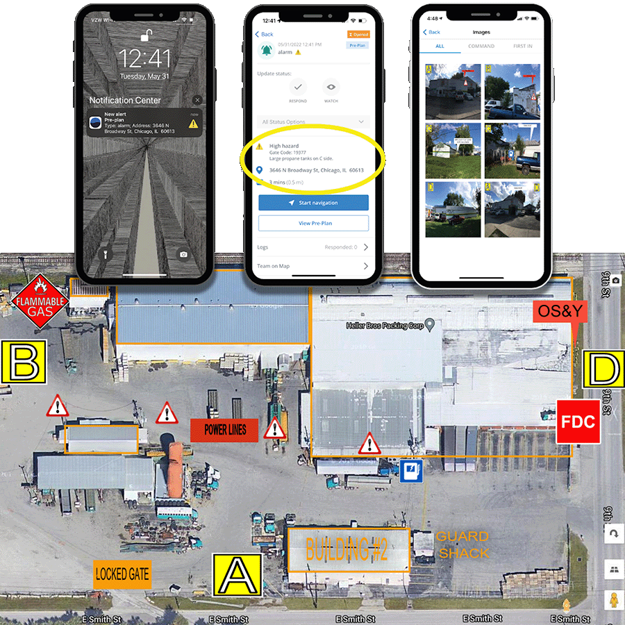 Composite image showing two smartphone screens with maps and images, alongside an aerial site diagram labeled with safety hazards, buildings, gates, and key areas—ideal for illustrating the benefits of pre plan software.