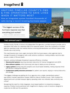 A case study document titled "Unifying Pinellas County’s EMS & Fire Operations" with highlighted quotes and sections describing their emergency response system.