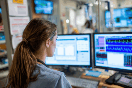 A person with brown hair in a ponytail monitors patient data on two large medical screens in a hospital setting.