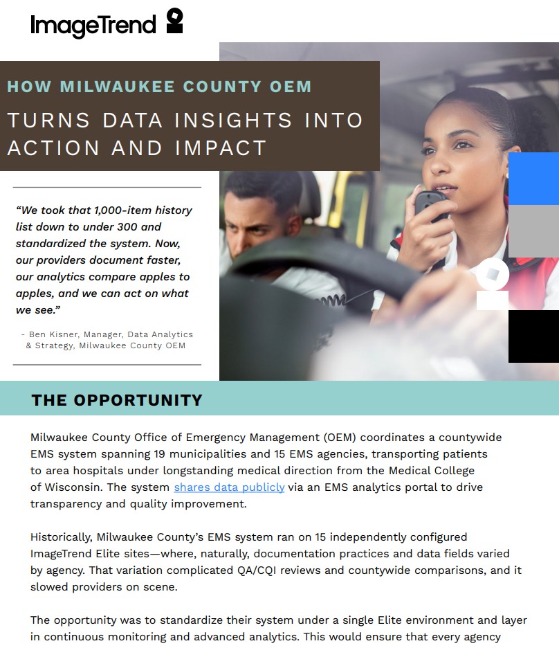 A digital flyer describes how Milwaukee County OEM uses data insights to improve EMS operations, featuring a quote and summary of their data standardization efforts.
