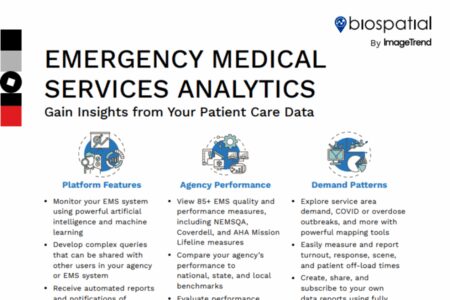 A document header titled "Emergency Medical Services Analytics" with sections on platform features, agency performance, and demand patterns, plus the Biospatial logo.