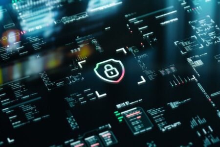 Digital interface with a prominent shield and padlock icon in the center, surrounded by data visualizations and cybersecurity elements.