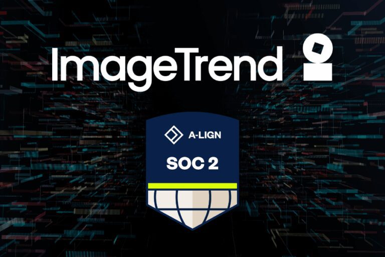 ImageTrend logo above a shield badge labeled "A-LIGN SOC 2" on a digital, tech-themed background.