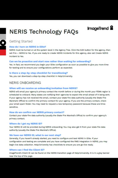 Screenshot of a FAQ document titled "NERIS Technology FAQs" by ImageTrend, providing information on onboarding, agency setup, and client ID location for the NERIS system.