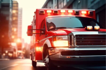 A red ambulance with flashing lights is parked on a city street at dusk.