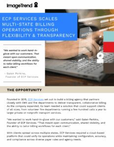 A promotional flyer for ImageTrend highlights how ECP Services improved multi-state billing operations through flexible, transparent solutions, featuring a quote from the ECP Services founder.