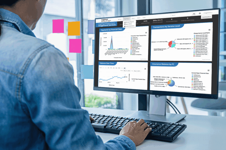 Person working at a desk, viewing financial data charts and graphs on a dual-monitor computer setup in an office environment.