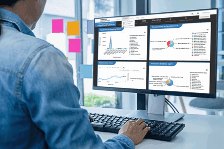 Person working at a desk, viewing graphs and charts related to financial services data on a dual-monitor computer setup.