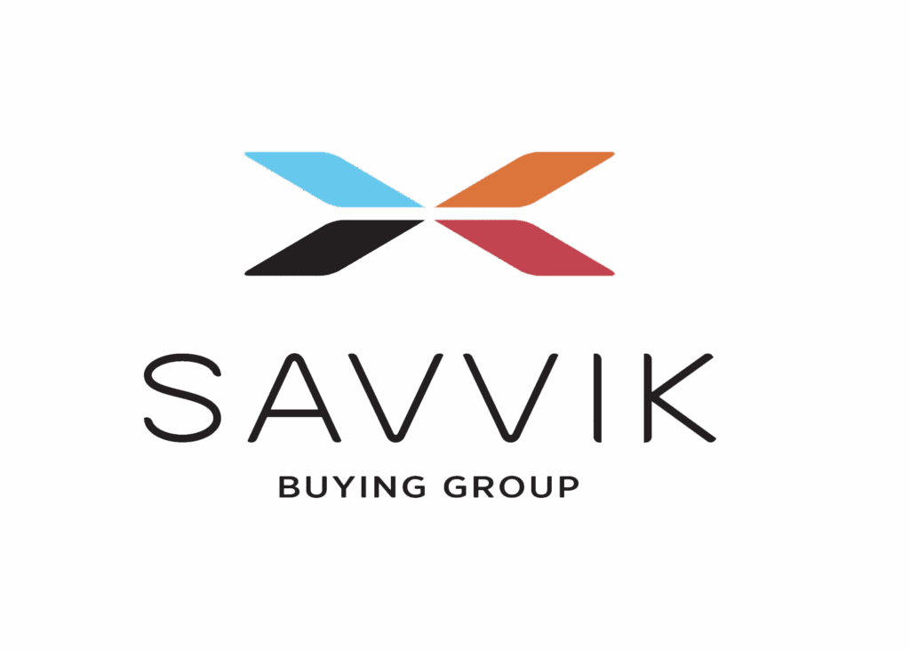 Logo for Savvik Buying Group featuring a stylized "X" in blue, orange, black, and red above the company name in black text on a white background.
