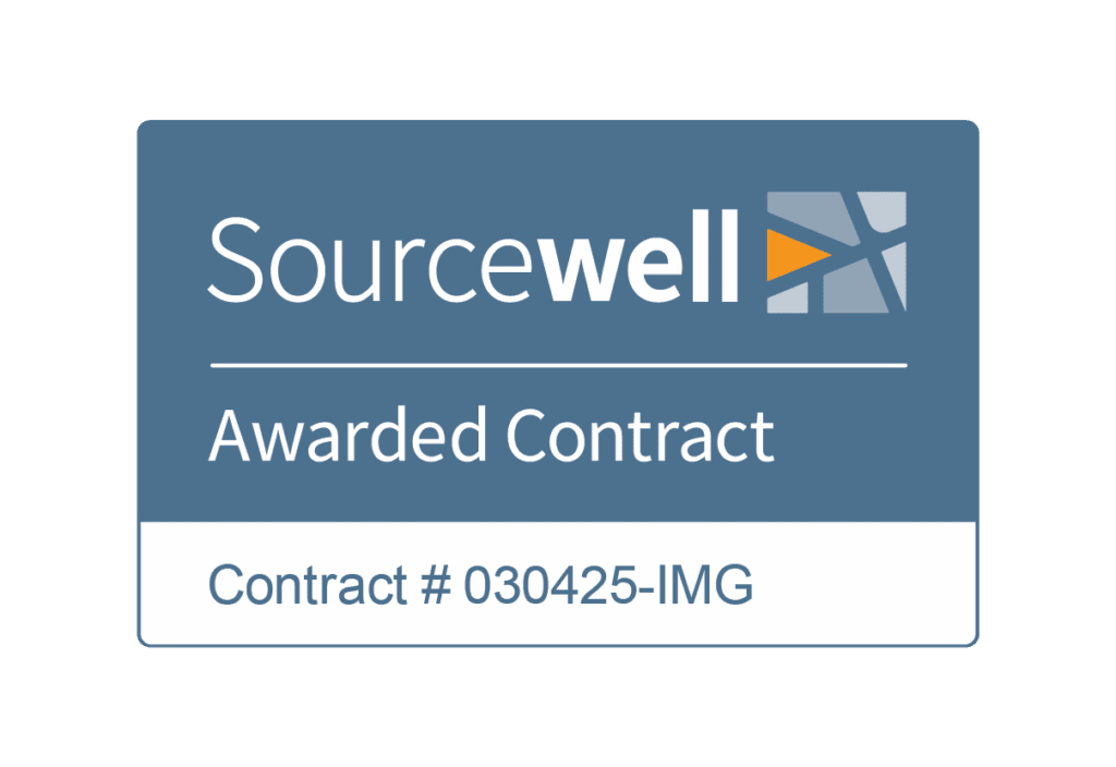 A blue and gray sign displays "Sourcewell Awarded Contract" and "Contract # 030425-IMG" with a geometric logo on the upper right.