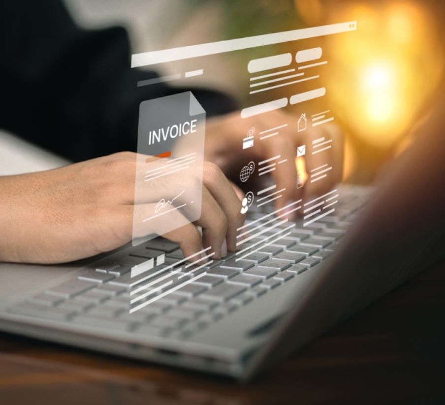 Hands typing on a laptop keyboard with digital invoice and interface graphics projected above the keys, symbolizing online invoicing or digital finance management.